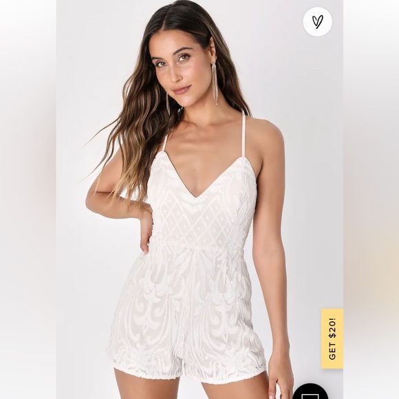 Lulus Catch a Spark White and Beige Sequin Romper for bachelorette shower or fun - Picture 10 of 13